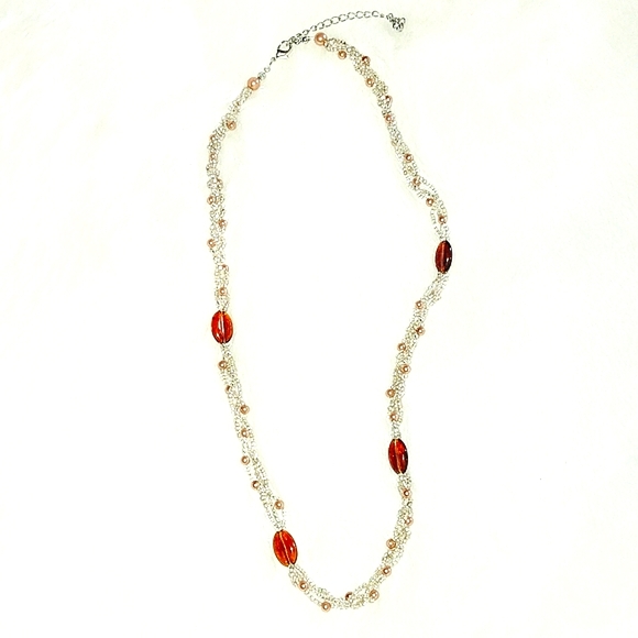 Seed bead braided necklace with faux pearl and amber colored acrylic beads - Picture 3 of 5